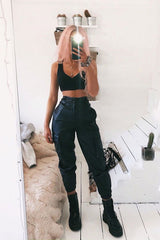 Black Faux Leather Utility Cuff Bottom Trousers - Dayna-Trousers