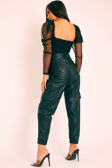 Black Faux Leather Utility Cuff Bottom Trousers - Dayna-Trousers