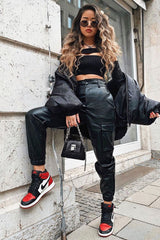 Black Faux Leather Utility Cuff Bottom Trousers - Dayna-Trousers