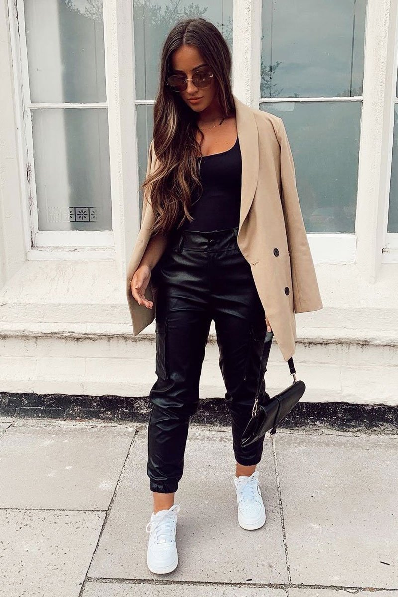 Black Faux Leather Utility Cuff Bottom Trousers - Dayna-Trousers