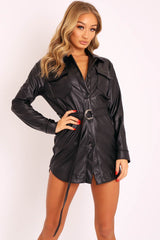 Black Faux Leather Utility Shirt Dress - Hailey-Dresses