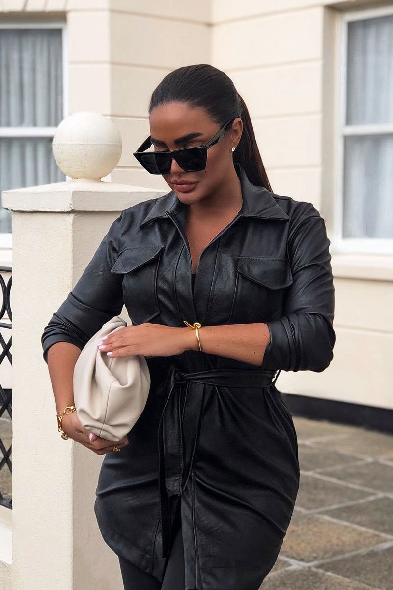 Black Faux Leather Utility Shirt Dress - Hailey-Dresses