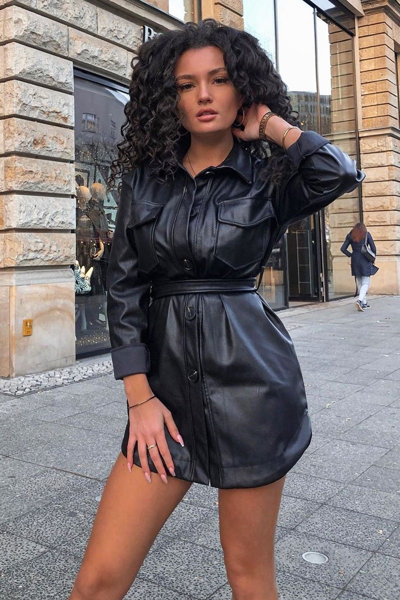Black Faux Leather Utility Shirt Dress - Hailey Rebellious Fashion Black Faux Leather Utility Shirt Dress - Hailey Rebellious Fashion