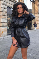 Black Faux Leather Utility Shirt Dress - Hailey-Dresses