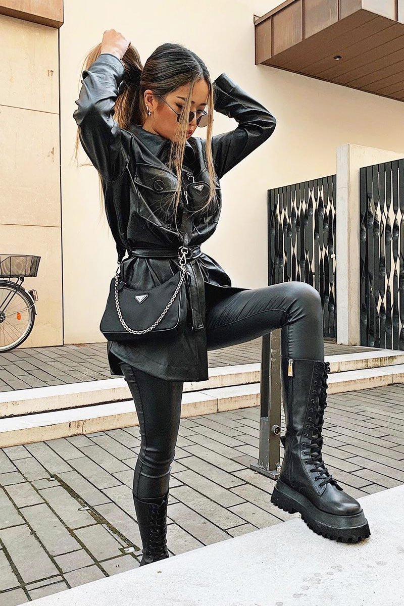 Black Faux Leather Utility Shirt Dress - Hailey-Dresses