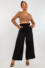 Black Faux Leather Wide Leg Cropped Trouser- Haidy-Trousers