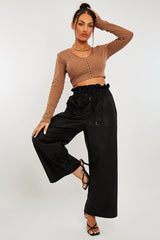 Black Faux Leather Wide Leg Cropped Trouser- Haidy-Trousers