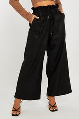 Black Faux Leather Wide Leg Cropped Trouser- Haidy-Trousers