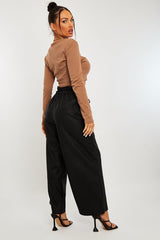 Black Faux Leather Wide Leg Cropped Trouser- Haidy-Trousers
