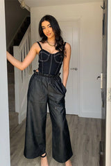 Black Faux Leather Wide Leg Cropped Trouser- Haidy-Trousers