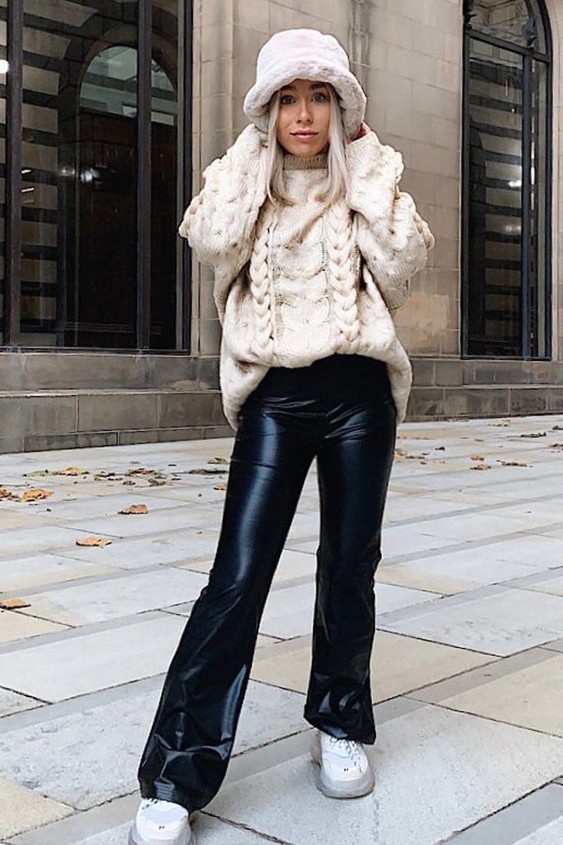 Black Faux Leather Wide Leg Trousers - Floye-Trousers