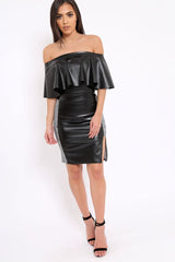 Black Faux Leather With Side Panel Hound-Tooth Midi Skirt - Tanika-Skirts