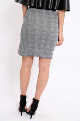 Black Faux Leather With Side Panel Hound-Tooth Midi Skirt - Tanika-Skirts