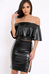Black Faux Leather With Side Panel Hound-Tooth Midi Skirt - Tanika-Skirts