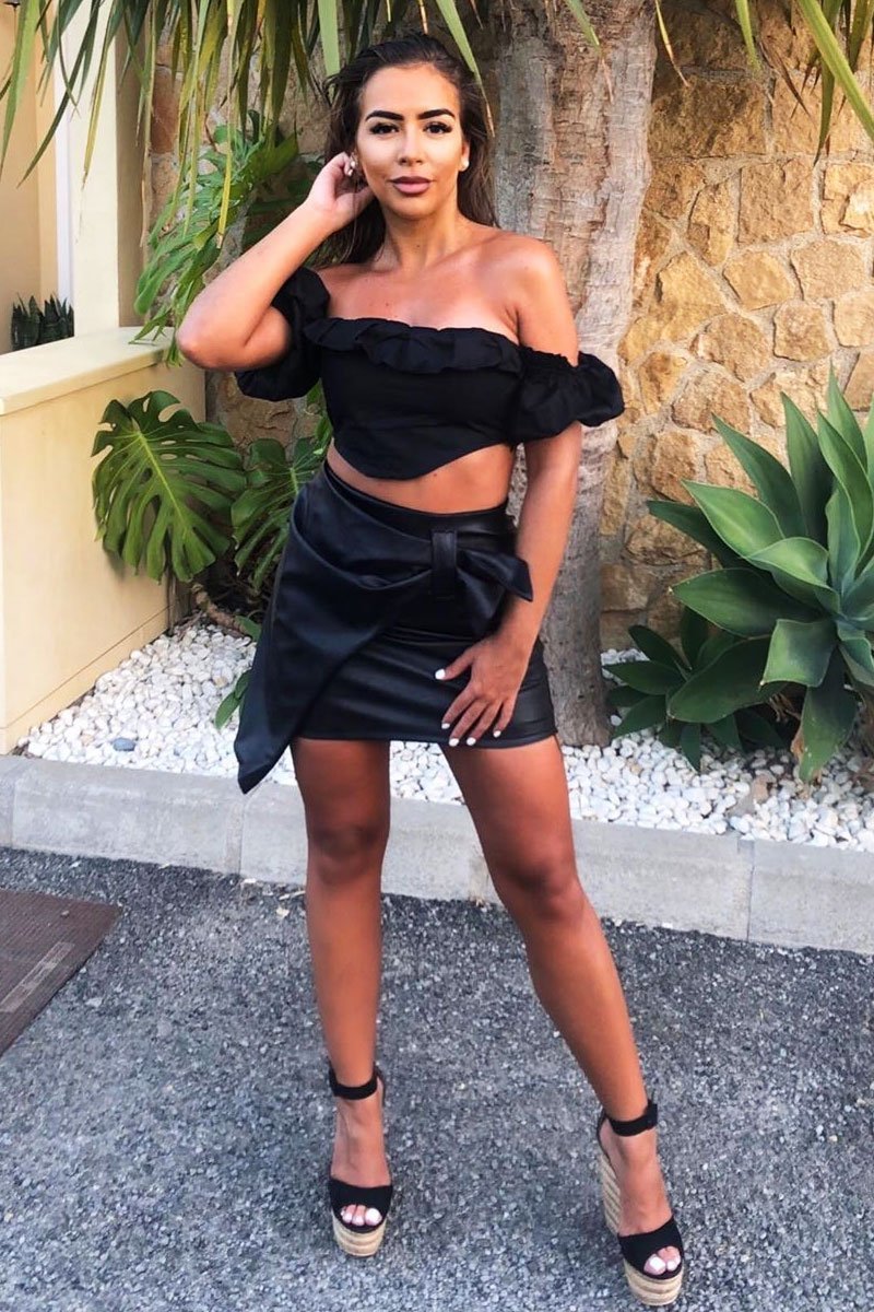Black Faux Leather Wrap Detail Mini Skirt - Carah-Skirts