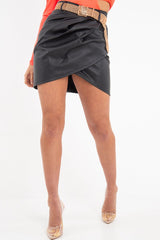 Black Faux Leather Wrap Front Mini Skirt - Ivyanna-Skirts