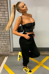 Black Faux Leather Zip Front Corset Top - Karolina-Crop Tops