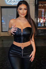 Black Faux Leather Zip Front Corset Top - Karolina-Crop Tops