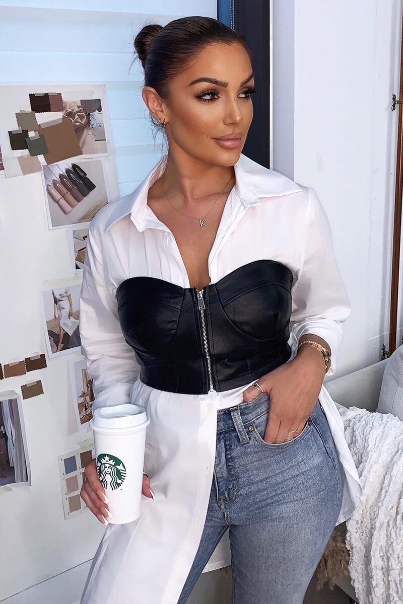 Black Faux Leather Zip Front Corset Top - Karolina-Crop Tops