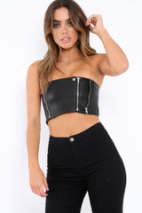 Black Faux Leather Zipper Detail Boob Tube - Tammie-Bralets