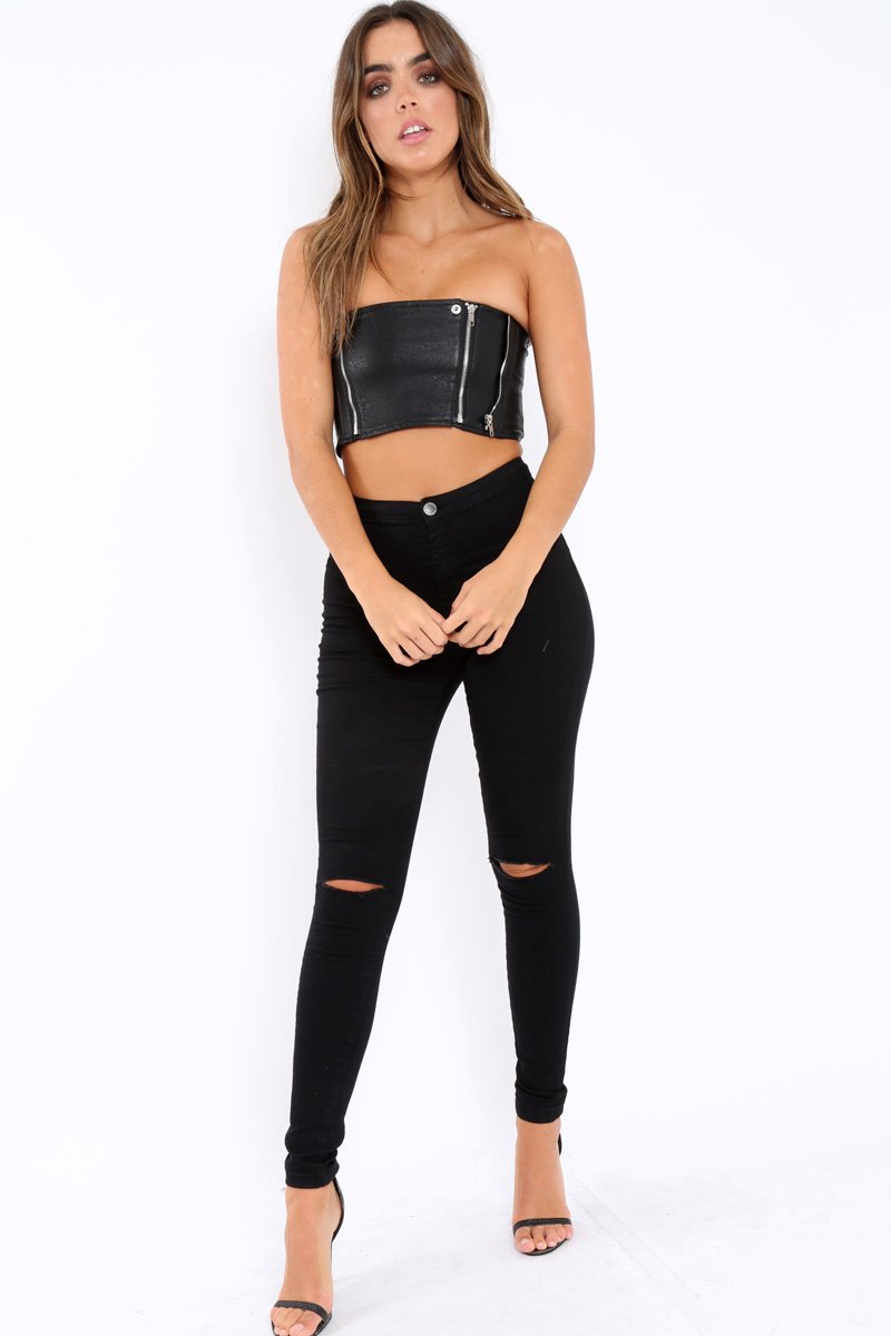Black Faux Leather Zipper Detail Boob Tube - Tammie-Bralets