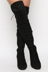 Black Faux Suede Back Lace Up Thigh High Boots - Brooklyn-Boots