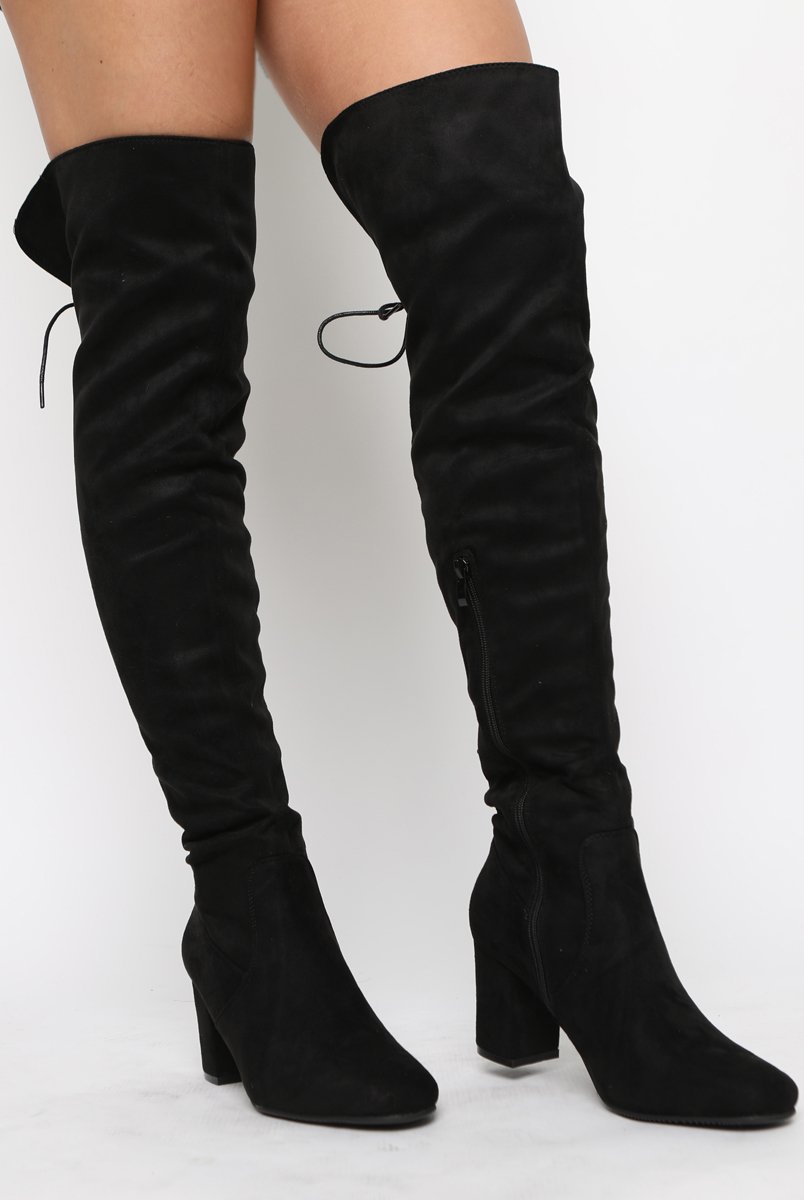Black Faux Suede Back Lace Up Thigh High Boots - Brooklyn-Boots