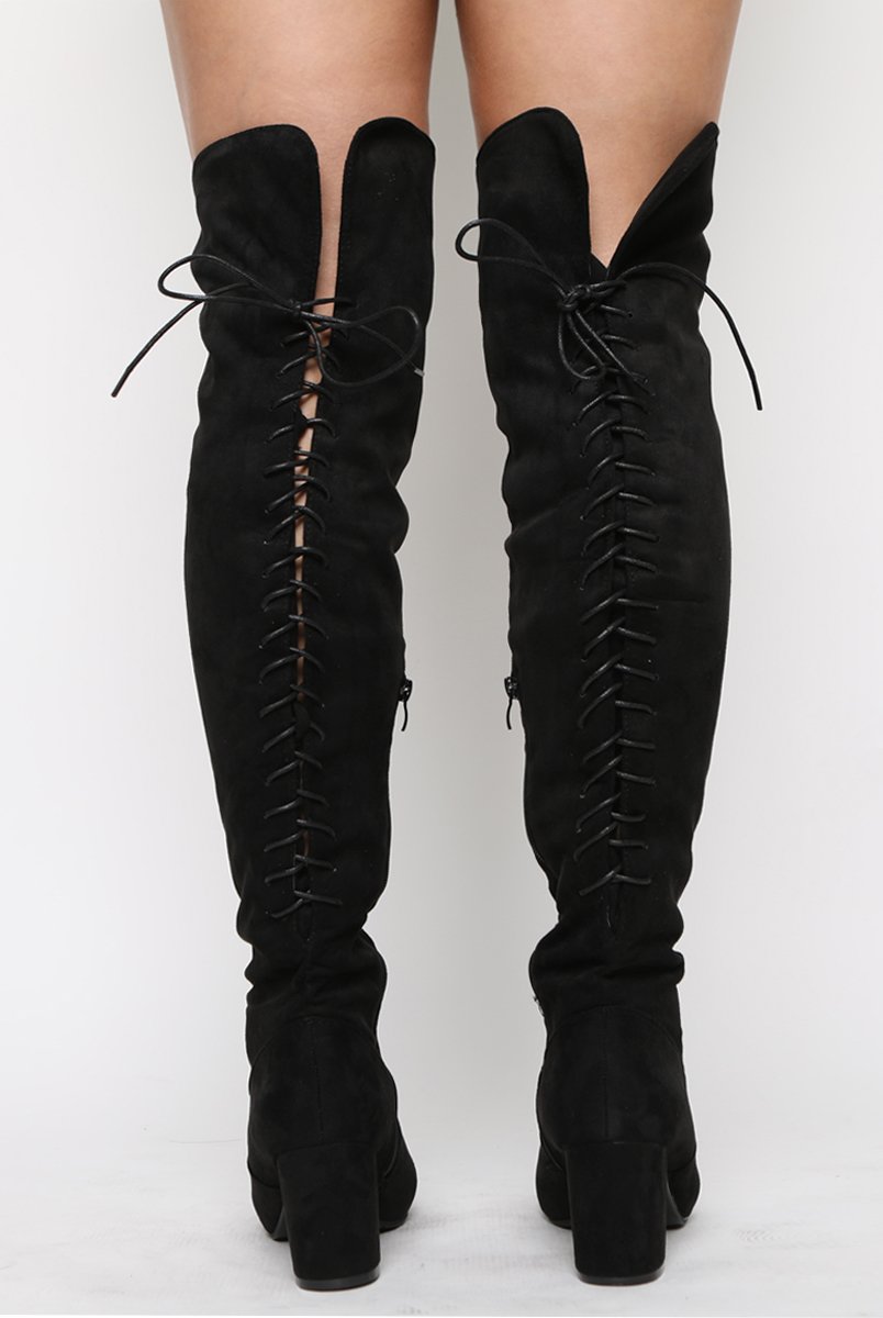 Black Faux Suede Back Lace Up Thigh High Boots - Brooklyn-Boots