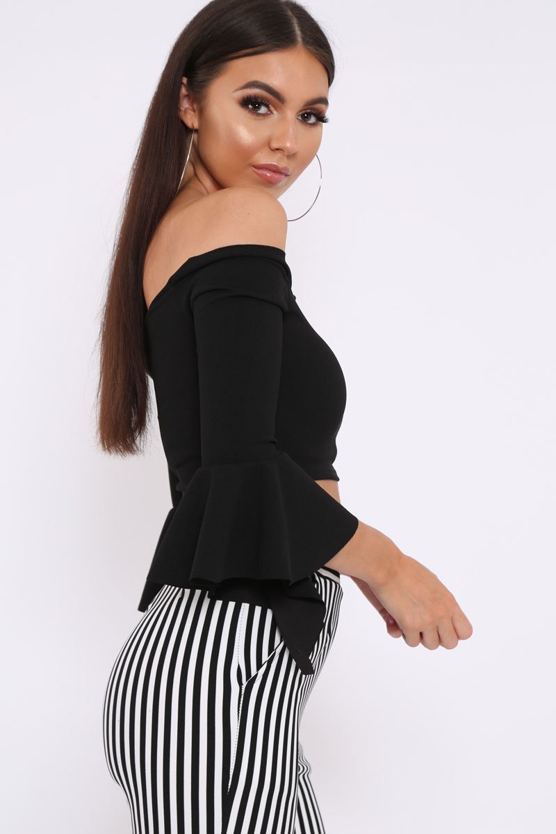 Black Faux Suede Bardot Frill Crop Top with Flared Sleeves - Tiffy-Tops