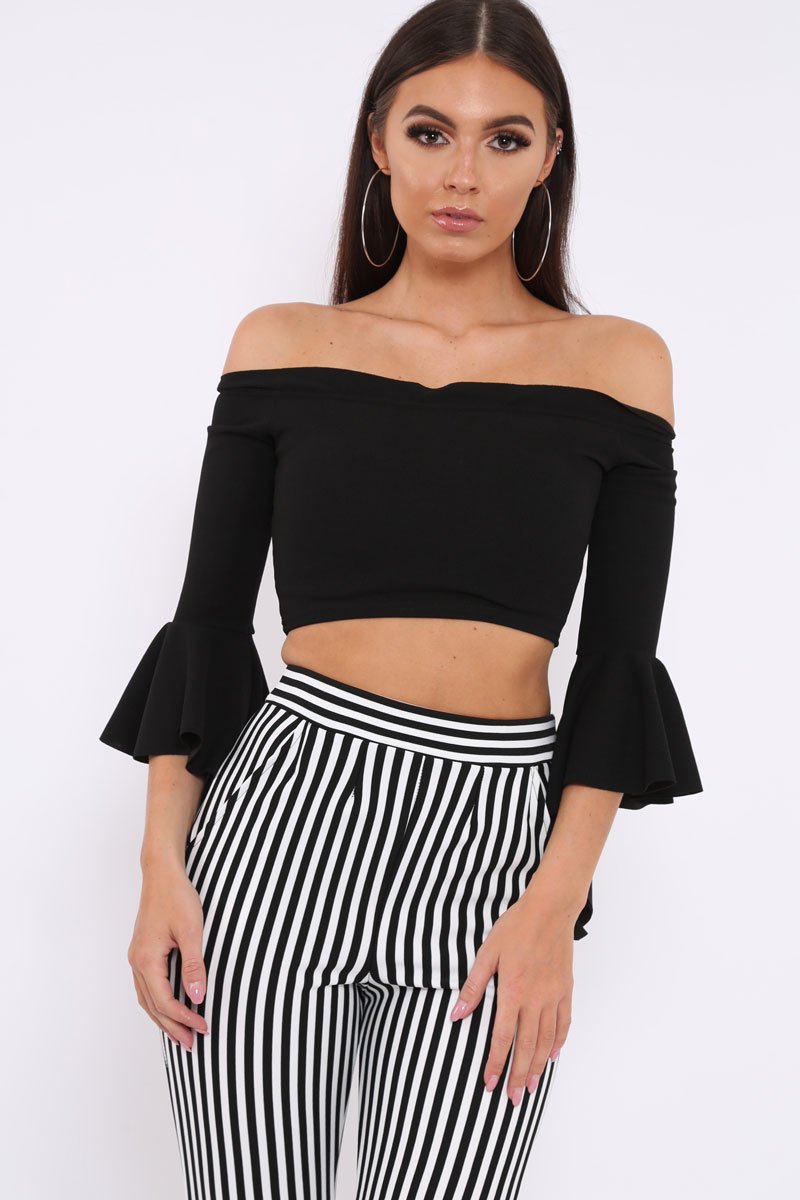 Black Faux Suede Bardot Frill Crop Top with Flared Sleeves - Tiffy-Tops