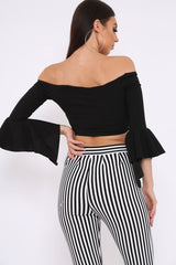 Black Faux Suede Bardot Frill Crop Top with Flared Sleeves - Tiffy-Tops