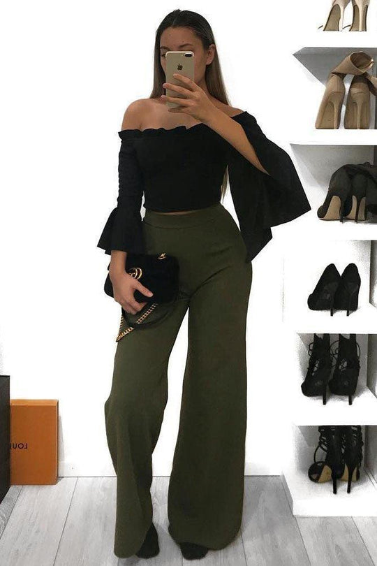 Black Faux Suede Bardot Frill Crop Top with Flared Sleeves - Tiffy