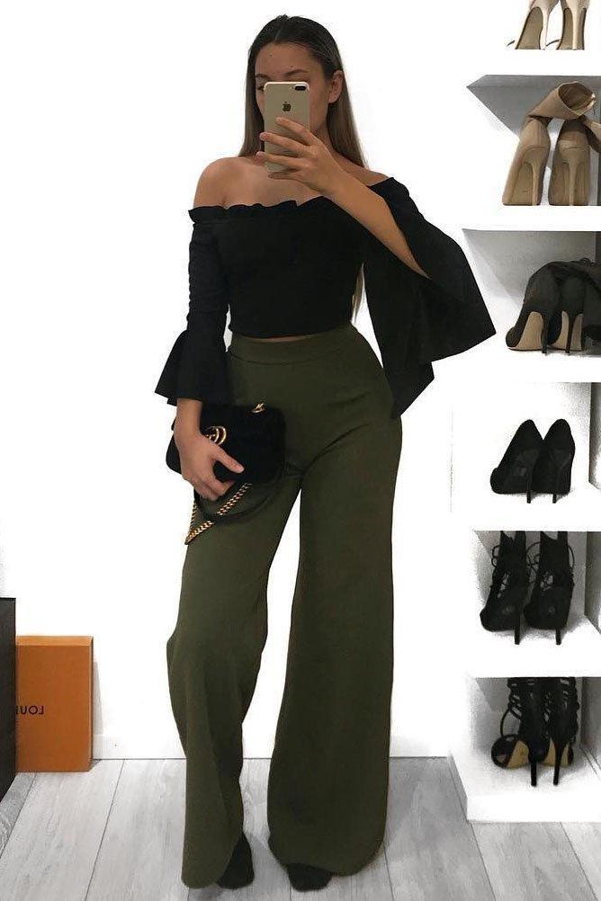 Black Faux Suede Bardot Frill Crop Top with Flared Sleeves - Tiffy-Tops