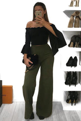 Black Faux Suede Bardot Frill Crop Top with Flared Sleeves - Tiffy-Tops