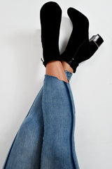 Black Faux Suede Block Heel Boots - Anasofia-Boots