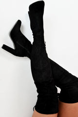 Black Faux Suede Block Heel Over The Knee Boots - Aluna-Boots