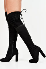 Black Faux Suede Block Heel Over The Knee Boots - Aluna-Boots