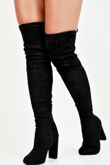 Black Faux Suede Block Heel Over The Knee Boots - Aluna-Boots
