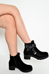 Black Faux Suede Bow Detail Chunky Chelsea Boots - Daleisa-Boots