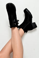 Black Faux Suede Bow Detail Chunky Chelsea Boots - Daleisa-Boots