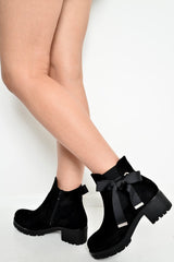 Black Faux Suede Bow Detail Chunky Chelsea Boots - Daleisa-Boots