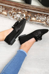 Black Faux Suede Bow Front Loafers - Geena-Flats