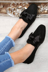 Black Faux Suede Bow Front Loafers - Geena-Flats