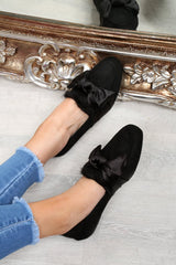 Black Faux Suede Bow Front Loafers - Geena-Flats