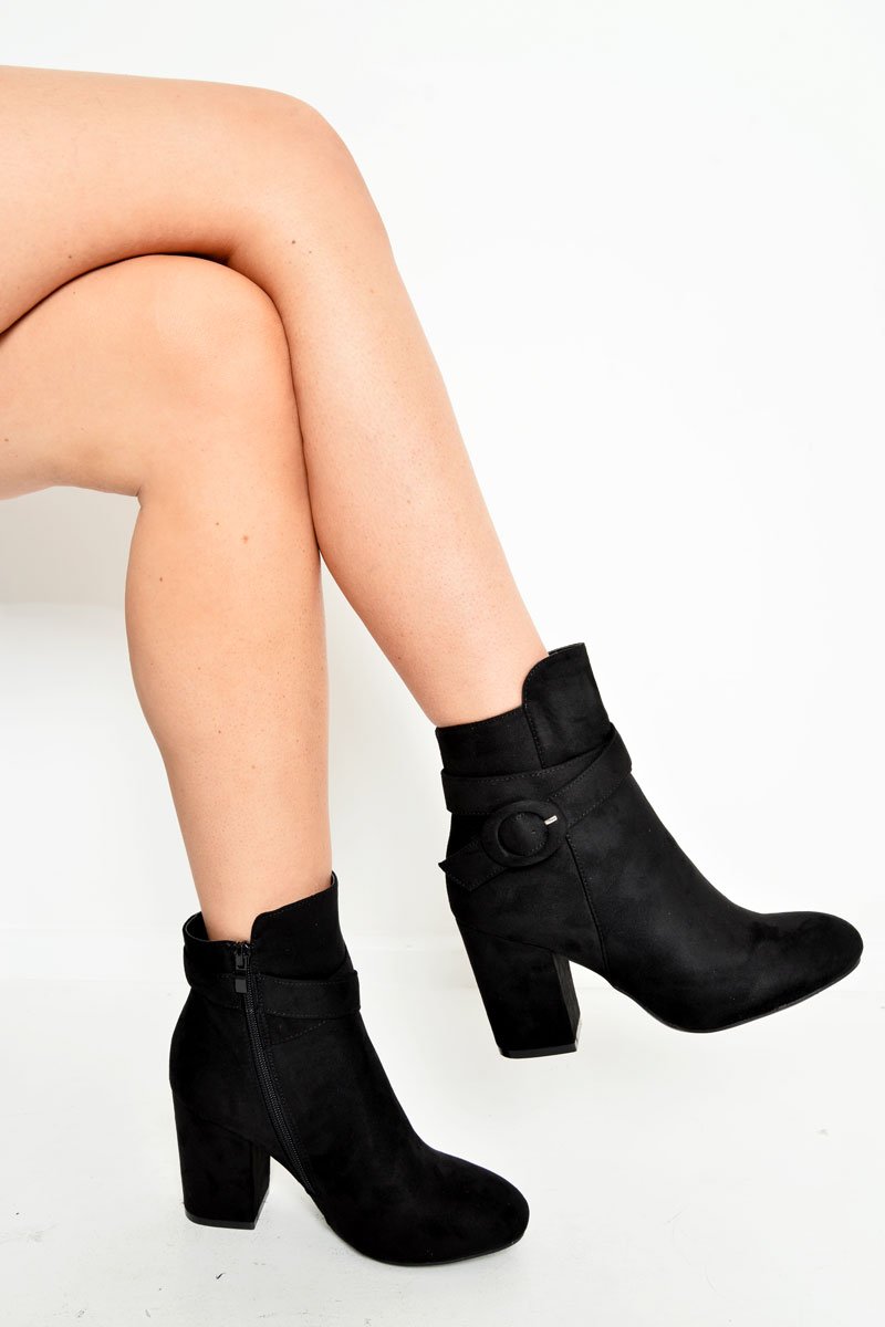 Black Faux Suede Buckle Detail Ankle Boots - Jaielle-Boots