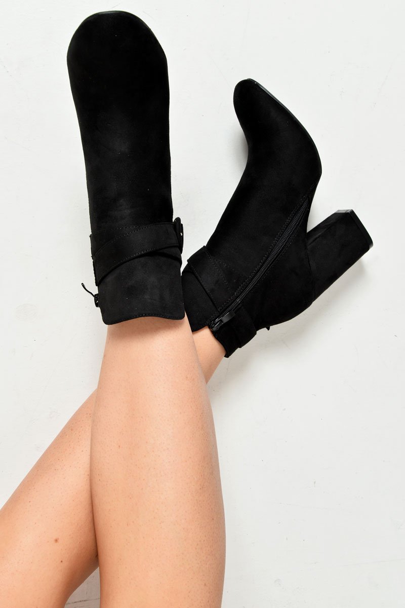 Black Faux Suede Buckle Detail Ankle Boots - Jaielle-Boots