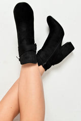 Black Faux Suede Buckle Detail Ankle Boots - Jaielle-Boots