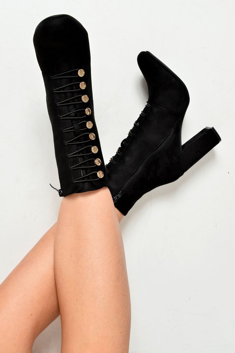 Black Faux Suede Button Detail Ankle Boots - Hadlyn-Boots