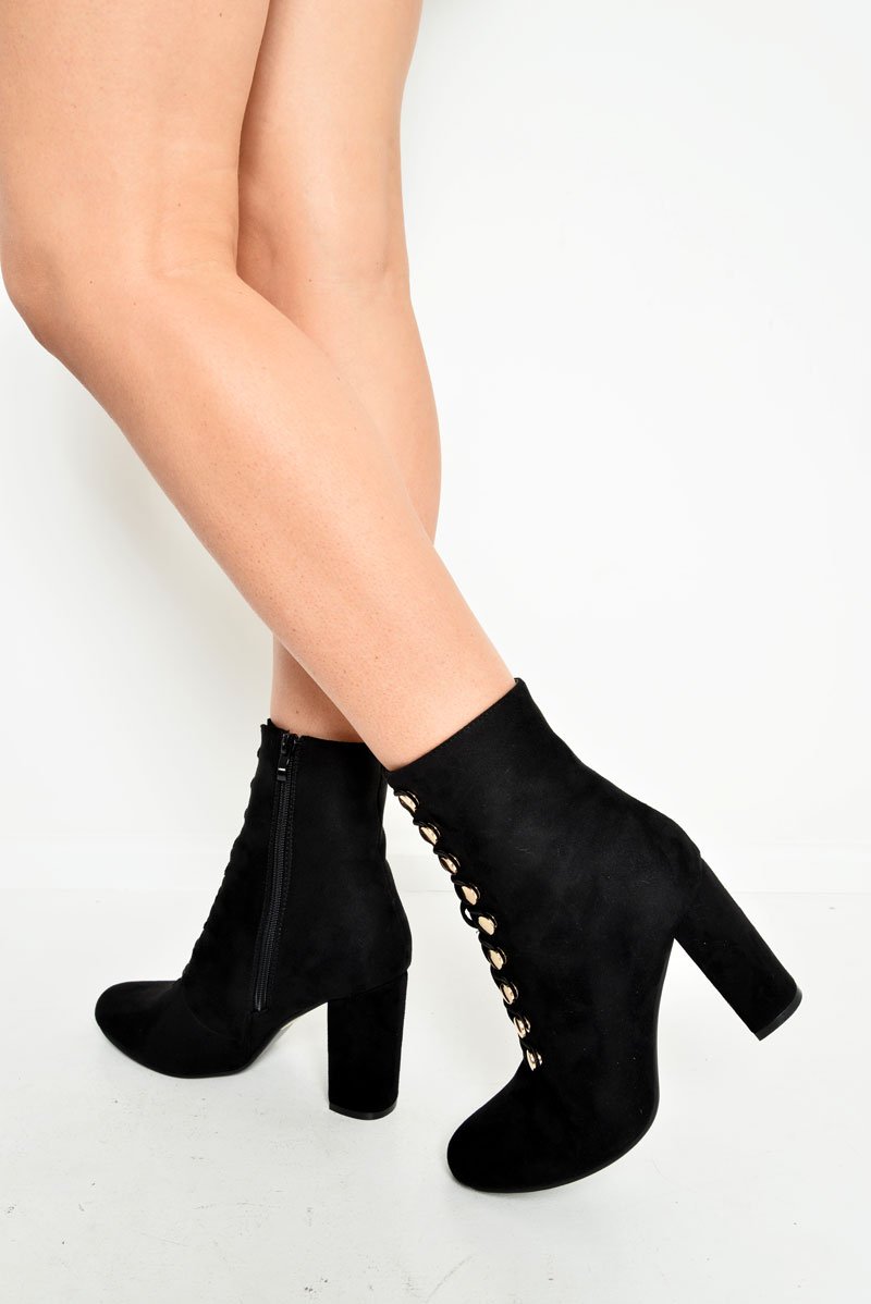 Black Faux Suede Button Detail Ankle Boots - Hadlyn-Boots