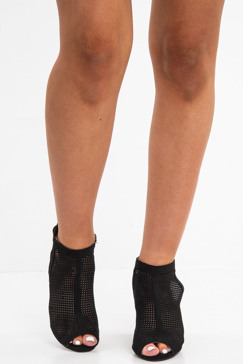 Black Faux Suede Cage Front Block Heels - Shannon-Heels